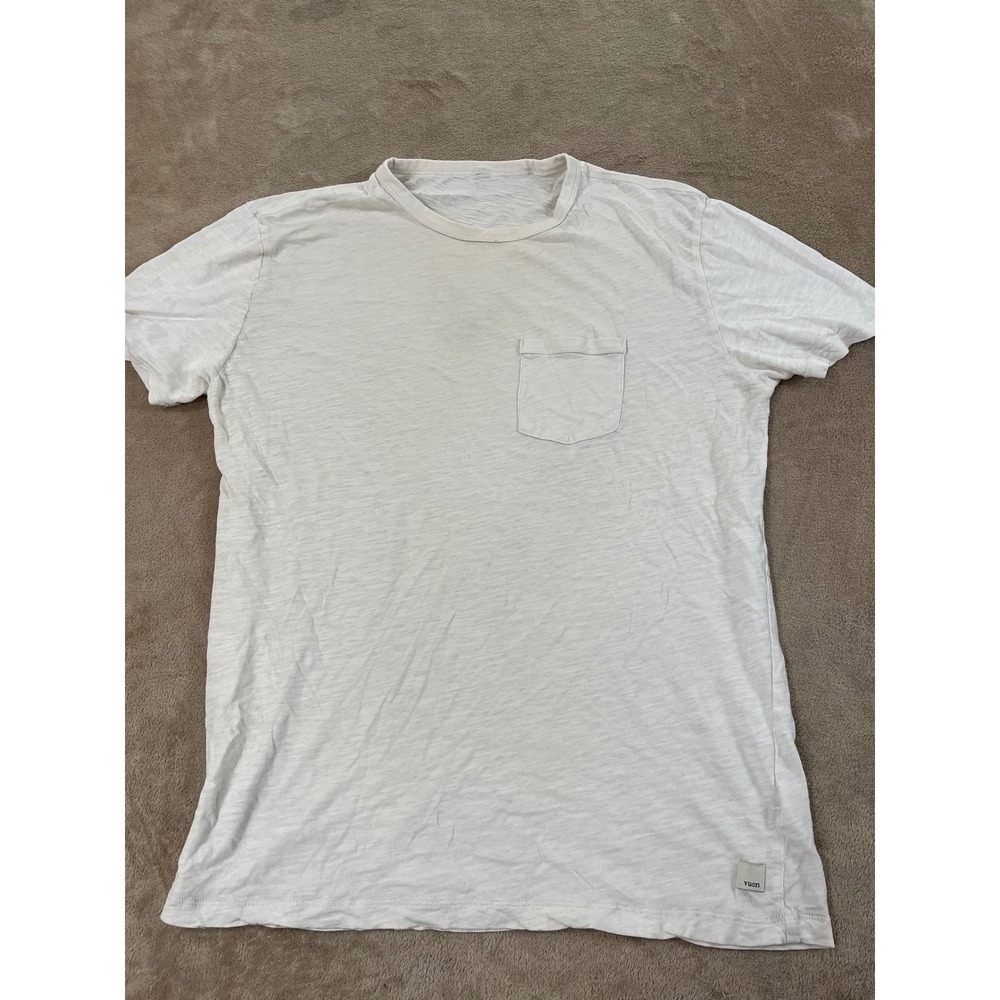 Vuori The Rise Tee Men Size Large White Front Pocket Short Sleeve Fair Stained